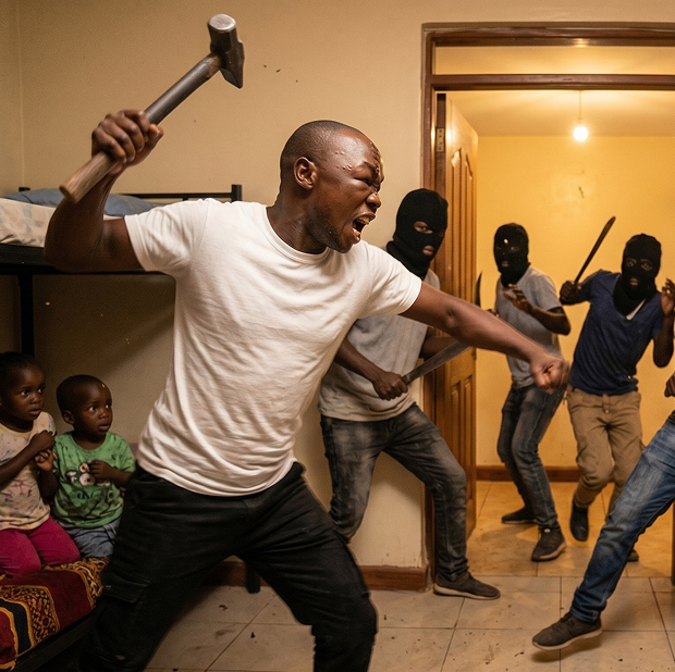 Anthony Omari defending the orphanage with a hammer against intruders