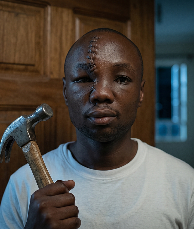 Anthony Omari portrait holding a hammer